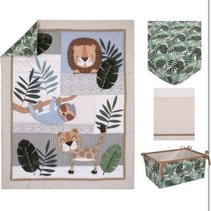 NoJo Jungle Paradise Green, Gray, and Tan Lion, Sloth 4 Piece Nursery Set